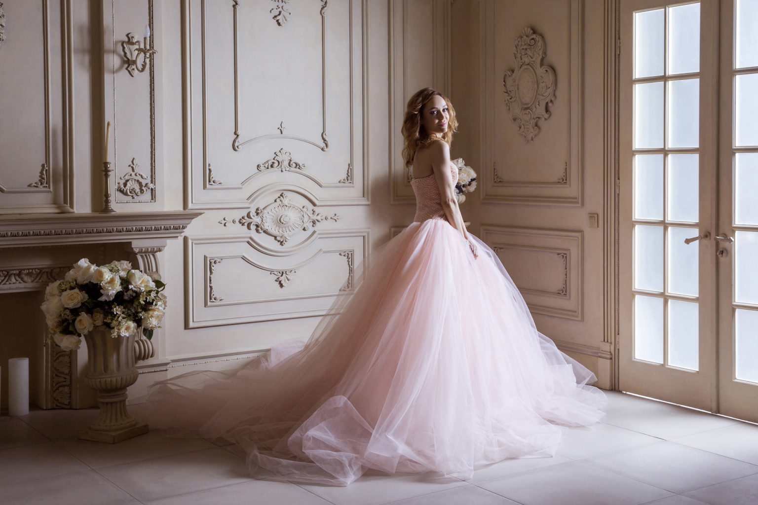 The base image was a stock photograph of a model with big dress in this beautiful room.